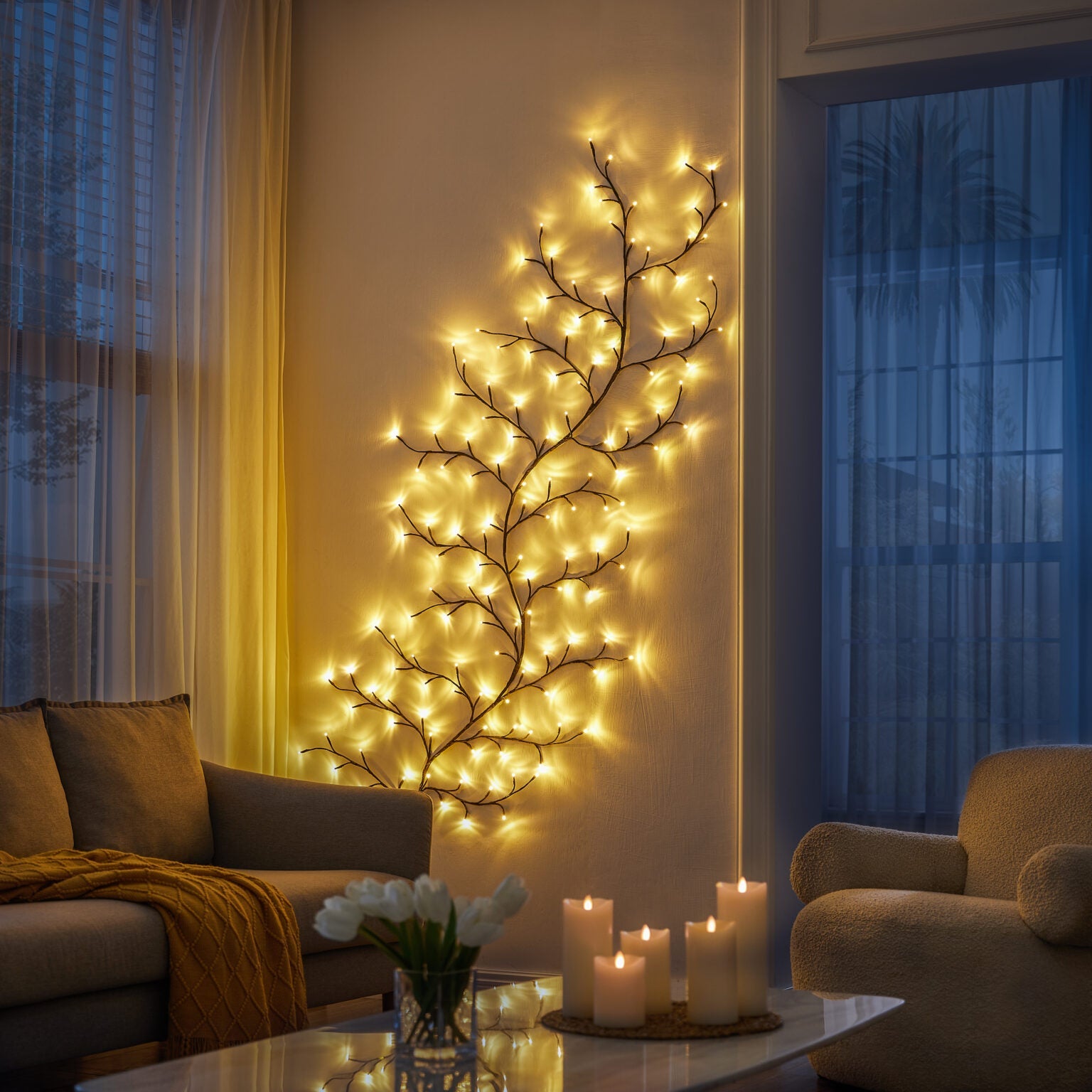 Wandguirlande in takvorm — warme en natuurlijke verlichting 