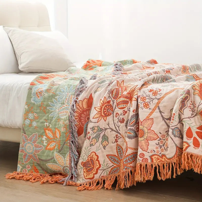 Couverture Bohème À Motifs Floraux Avec Franges