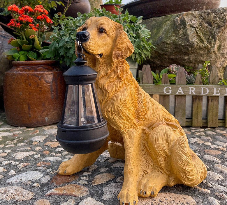 Estatua de Perro Solar con Linterna LED – Decoración y Luz 